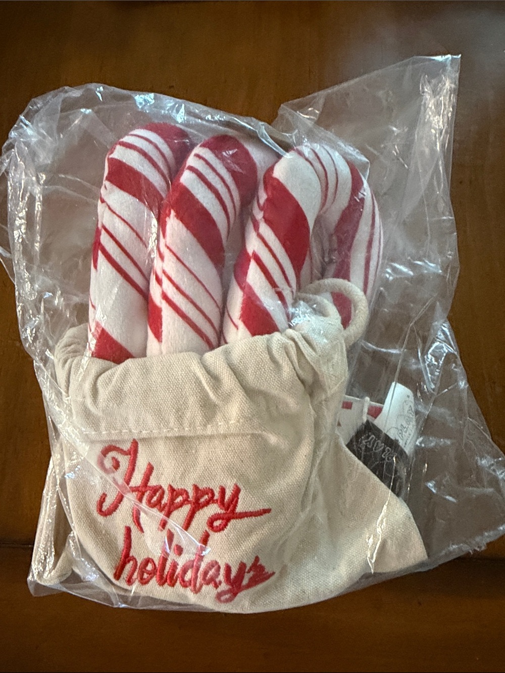 Candy Cane Plush Set with 'Happy Holidays' bag dog toys Christmas pet puppy